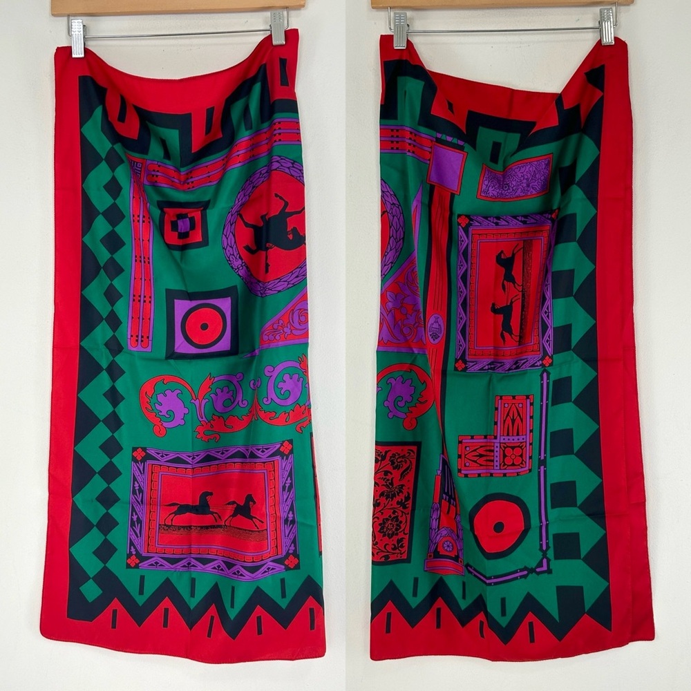 Vintage Large Vibrant Geometric  Equestrian Square Scarf